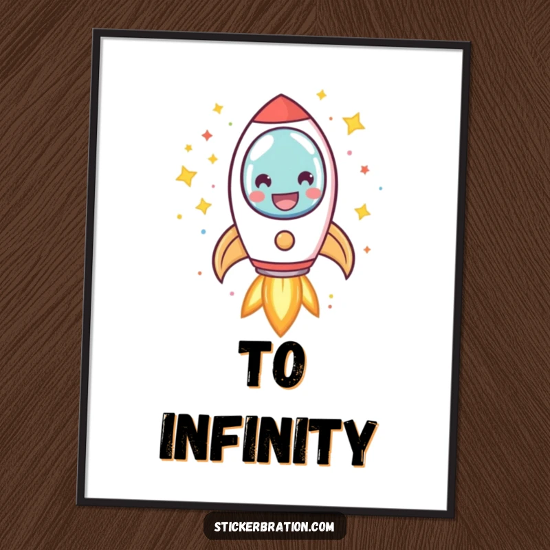 Funny rocket poster illustrating a smiling character blasting off with an explosion of colorful confetti and bright stars, adding cosmic energy.
