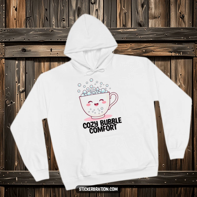 Funny hoodie featuring a happy teacup character overflowing with tiny bubbles, offering a warm, bubbly, and humorous feel.