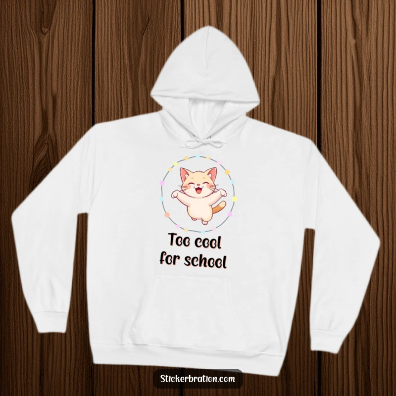 Funny cat hoodie featuring a smiling cat performing a spectacular jump through a luminous hoop of lights, perfect for cozy humor.