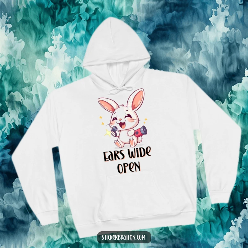 Funny hoodie with an excited bunny character wearing oversized ears and holding a sparkling noisemaker, offering cozy comfort and festive vibes.