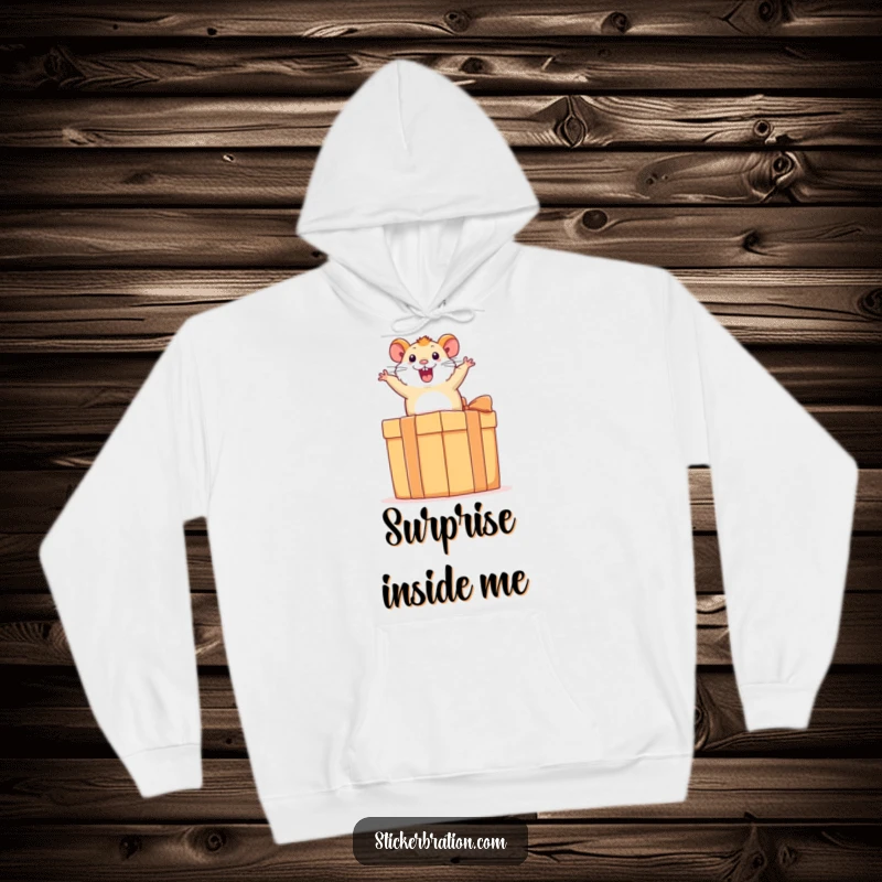 Funny hamster hoodie featuring an excited hamster joyfully bouncing on a large present, combining warmth with humorous pet adoration.