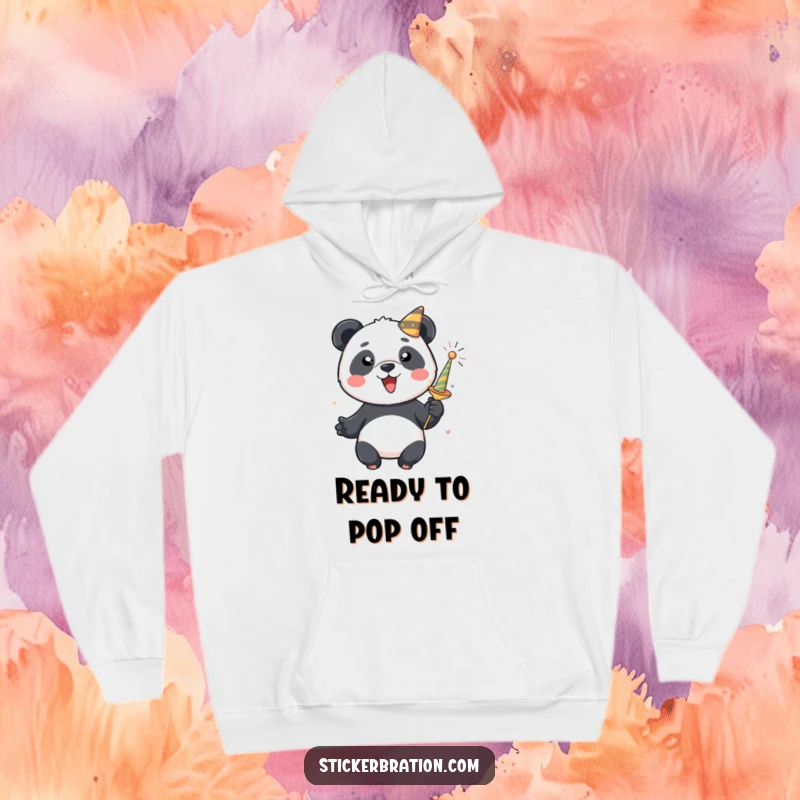 Funny panda hoodie featuring a cheerful character launching a festive party popper from a cozy hooded design. Warm and celebratory.