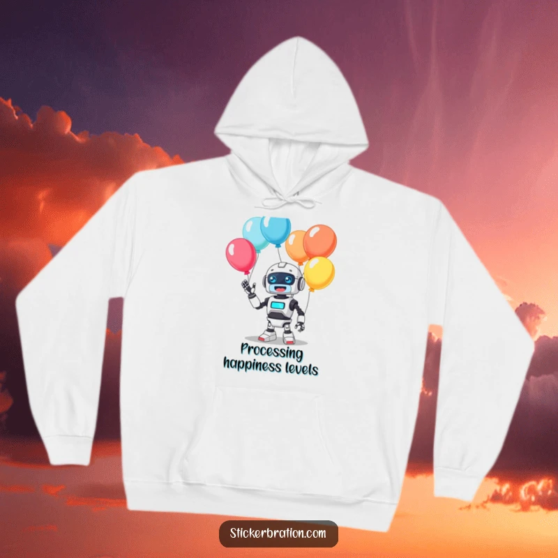 Funny hoodie with a cute, beaming robot character engrossed in juggling colorful balloons, emitting a happy beep, perfect for cozy, humorous wear.