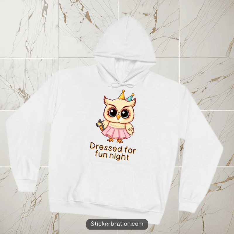 Funny hoodie with a grinning owl character in a party dress holding a noisemaker, offering cozy comfort and whimsical festive vibes.