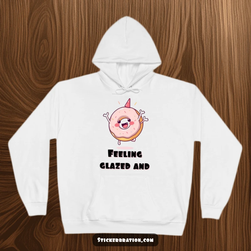 Funny hoodie featuring a happy donut character caught in a dynamic celebratory jump, offering cozy and humorous comfort.