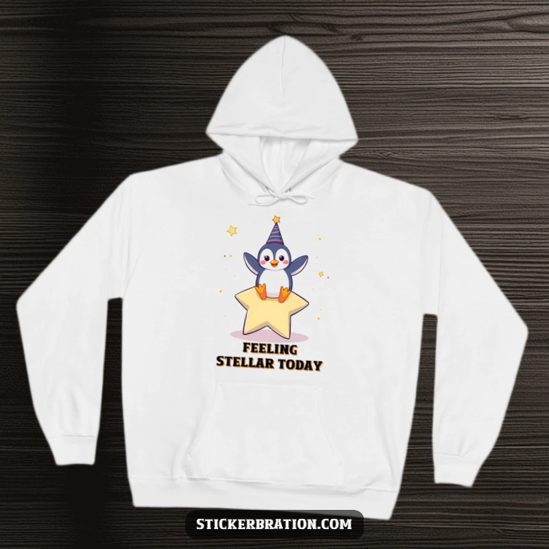 Funny hoodie featuring a happy penguin character dancing joyfully on a giant star, perfect for cozy celebrations.