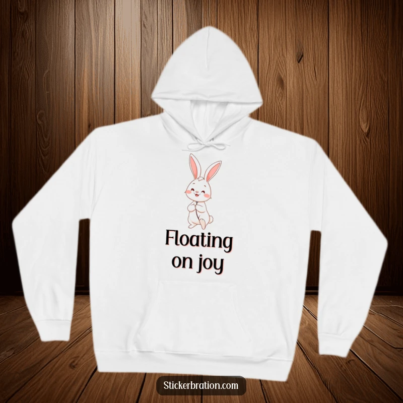 Funny hoodie depicting a happy rabbit holding a giant balloon, its smile conveying a sense of carefree adventure and gentle happiness.