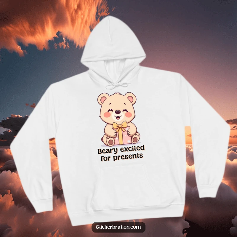 Funny bear cub hoodie showing a character excitedly unwrapping a gift box, designed for comfort and joyful occasions.