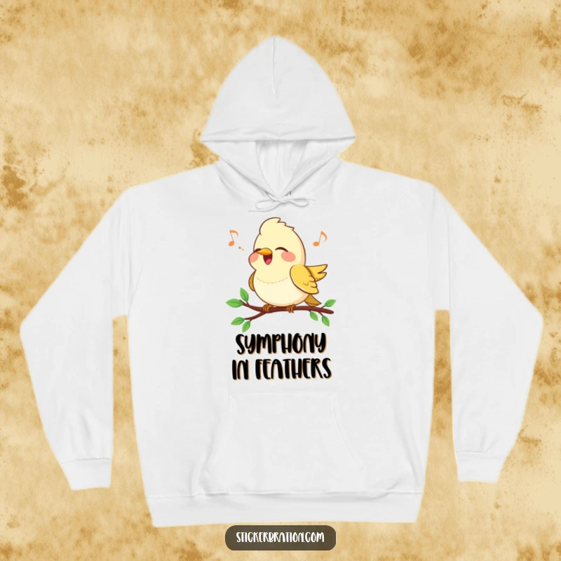 Funny Bird Song Hoodie: A happy, chirpy bird sings on a branch, embodying peace and musical joy.