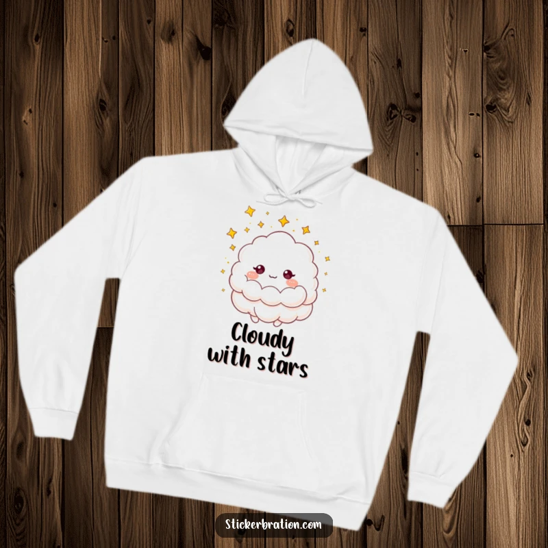 Funny hoodie featuring a fluffy cloud character showering golden stars, offering a warm, magical, and humorous feel.