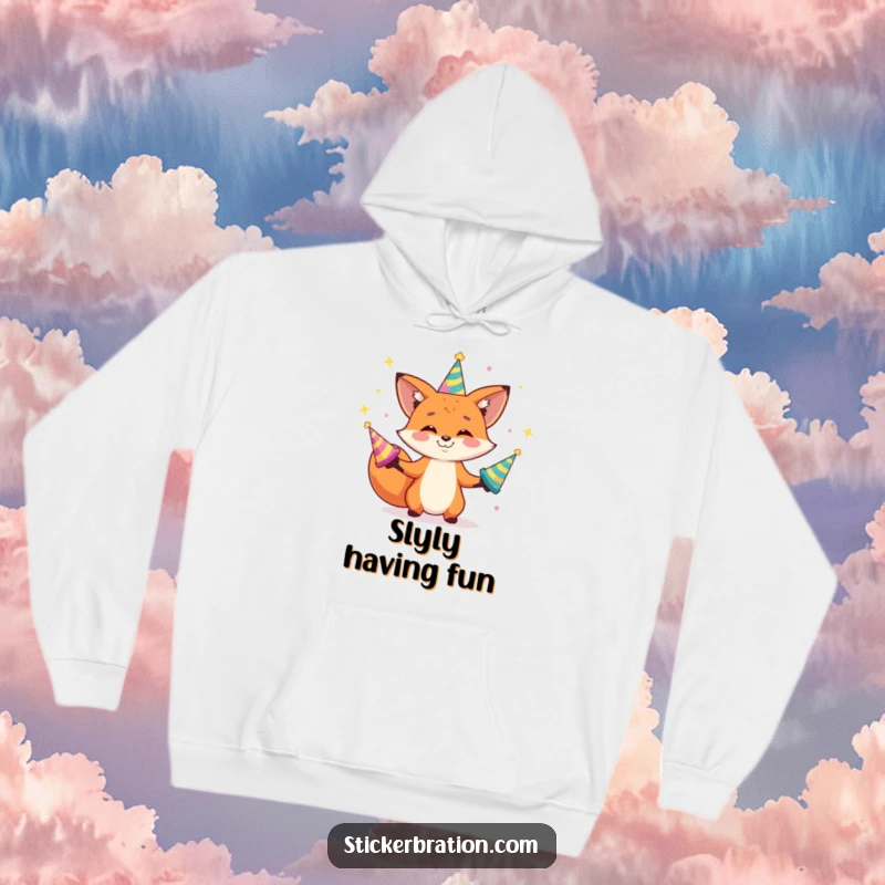 Funny hoodie featuring a grinning fox character juggling shiny party hats, perfect for staying warm and stylish.