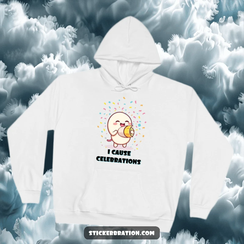 Funny hoodie with a giggling confetti cannon character unleashing a vibrant shower of colorful confetti, perfect for cozy celebrations.