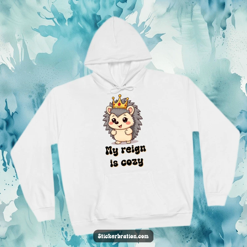 Funny hedgehog character in a hoodie, wearing a crown and striking a proud pose, looking majestic.