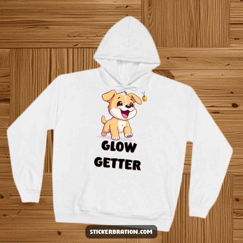 Funny Puppy Firefly Hoodie: An excited puppy is full of glee chasing a magical firefly, perfect for night owls.