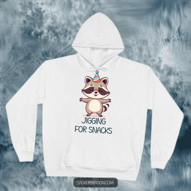 Funny Raccoon Jig Hoodie designed with a happy raccoon dancing in a party hat, offering warmth and a festive, humorous design, a great cozy gift.