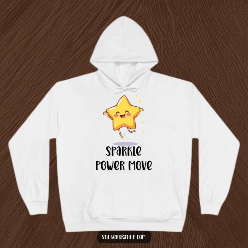 Funny hoodie showcasing a smiling star character joyfully dancing, leaving a trail of magical sparkles, embodying radiant happiness.
