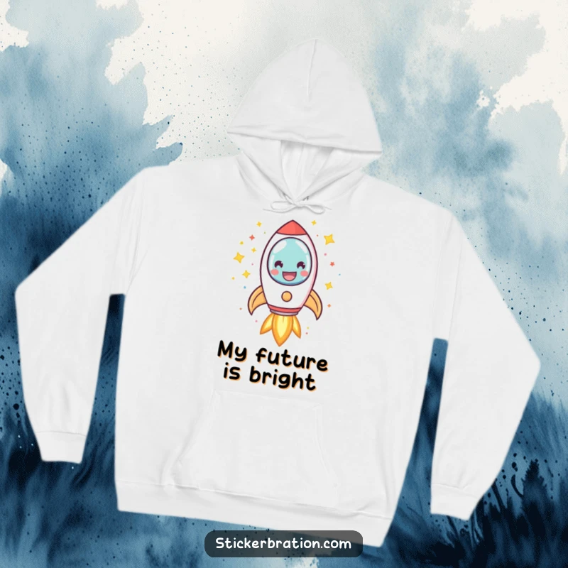 Funny rocket hoodie with a smiling character launching into space, surrounded by vibrant confetti and glowing stars, offering cozy warmth.