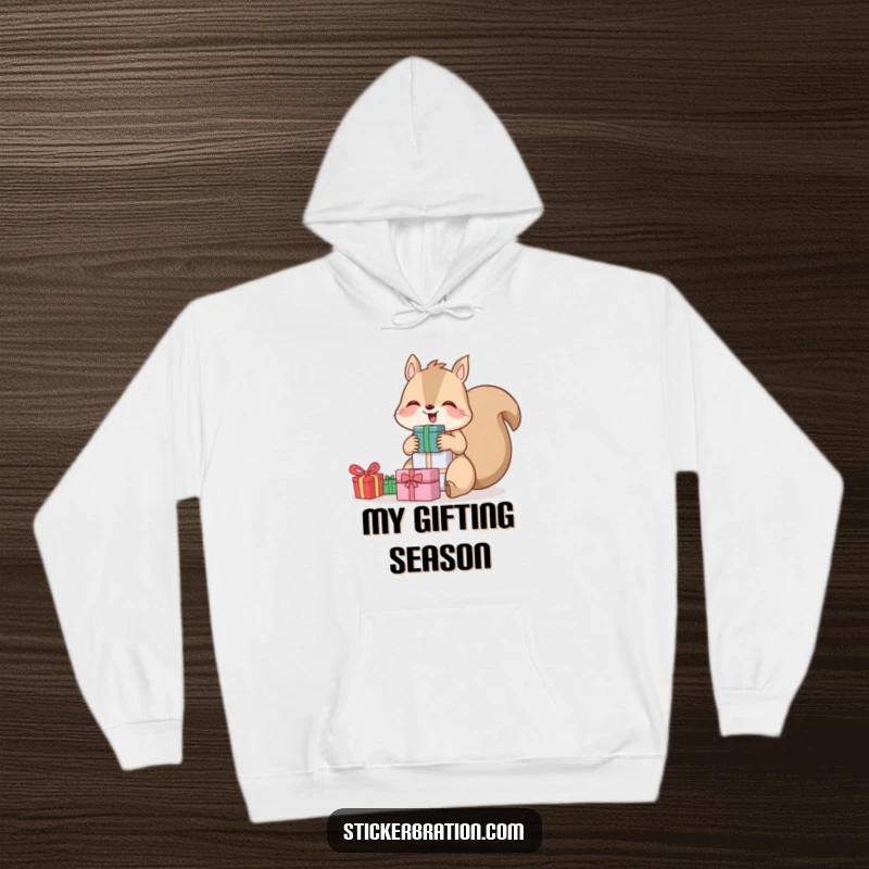 Funny hoodie depicting a giggling squirrel holding a stack of gifts, ideal for cozy and humorous wear.