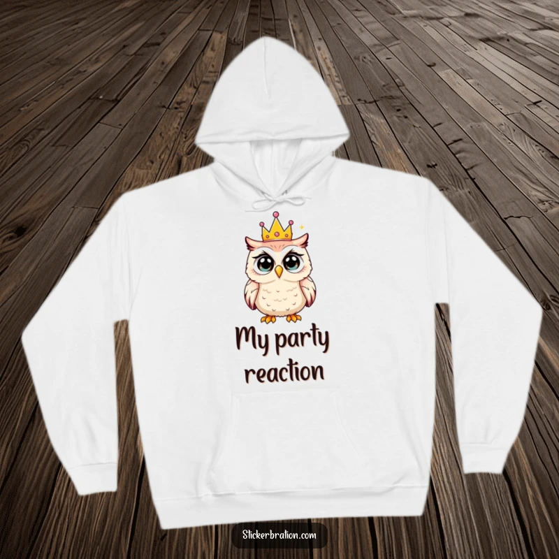 Funny hoodie depicting a shocked owl with wide eyes wearing a tiny party crown, ideal for cozy and humorous wear.