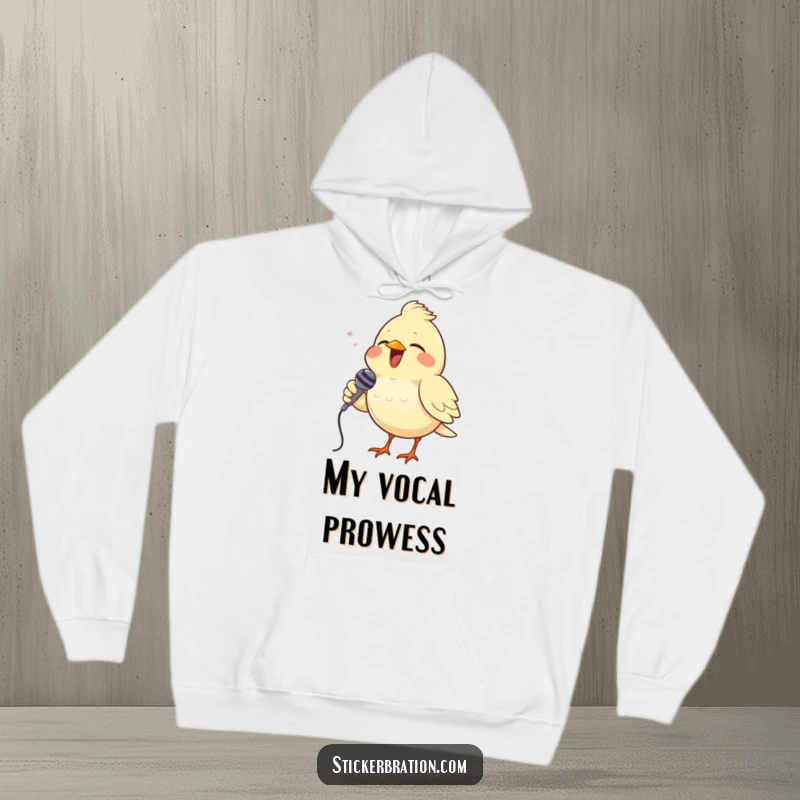 Funny hoodie depicting a cheerful bird singing into a tiny microphone, ideal for cozy and humorous wear.