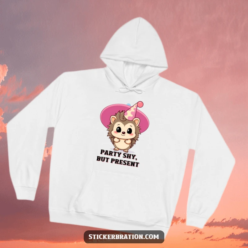 Funny hedgehog hoodie showing a timid character peeking from behind a giant party hat, designed for comfort and subtle humor.