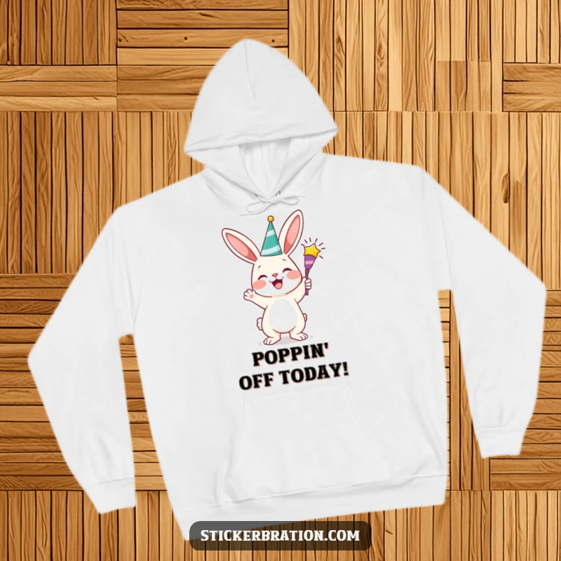Funny bunny hoodie depicting a cheerful character with a party popper, exuding an infectious sense of fun and celebration in cozy style.