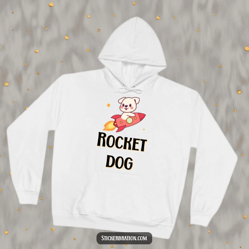 Funny cute dog character in a hoodie, riding a tiny rocket through space with a happy expression.