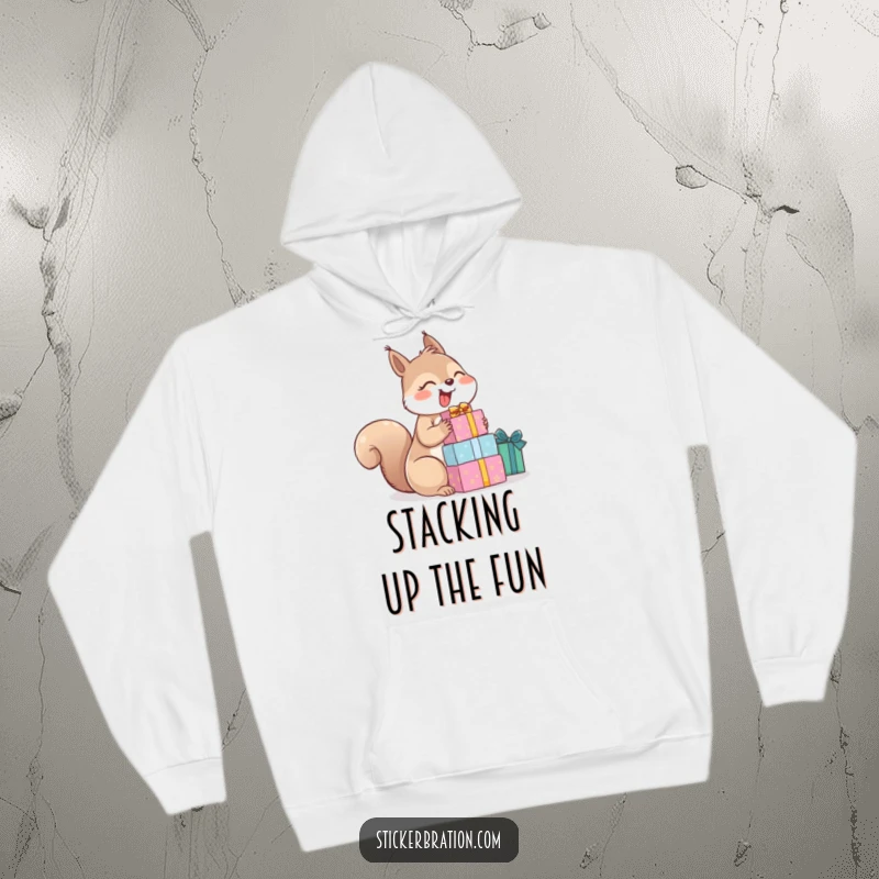 Funny hoodie illustrating a joyful squirrel giggling gleefully while balancing a large stack of brightly colored gift boxes.