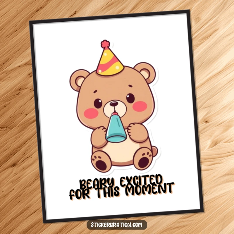 Funny free printable wall art: A cute bear wears a party hat and blows a noisemaker, radiating fun.