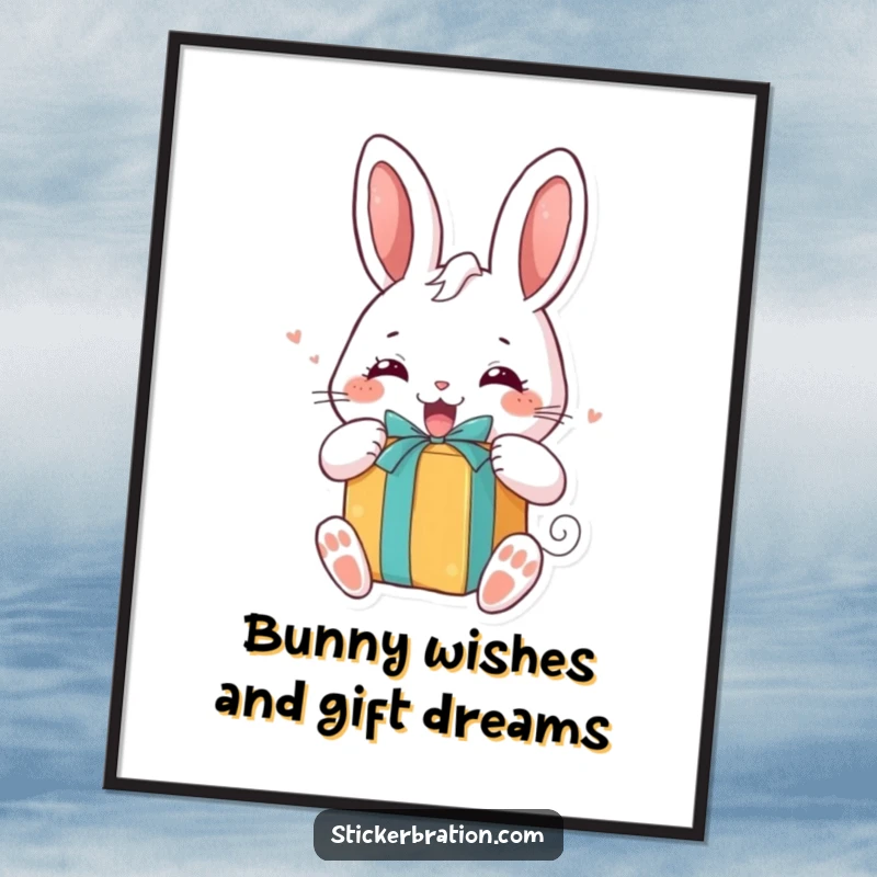 Funny free printable wall art: A chubby bunny is overjoyed unwrapping a brightly colored, exciting gift.