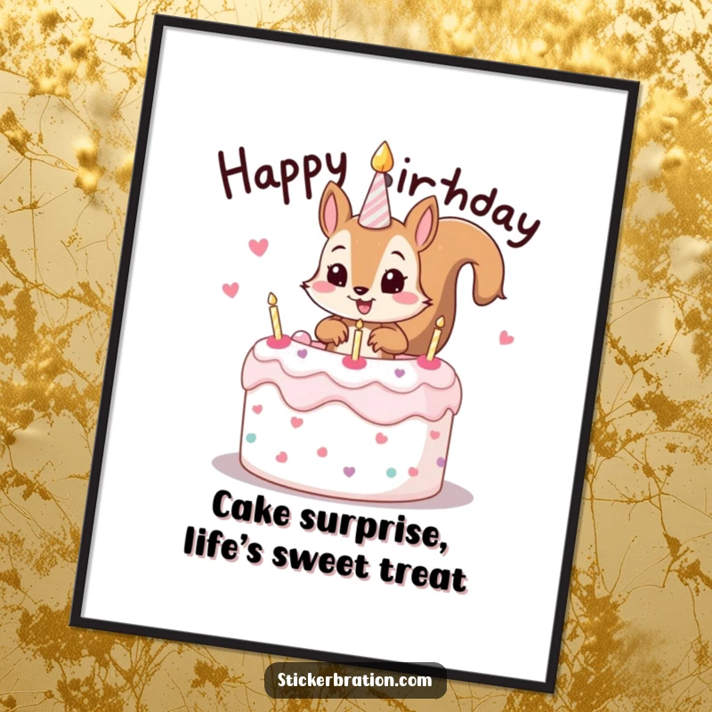Funny Free Printable Wall Art: Mischievous squirrel character popping out of a birthday cake with a funny expression, whimsical downloadable art.