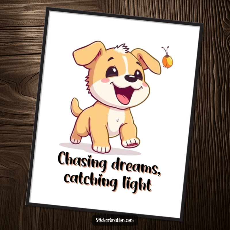 Funny Free Printable Wall Art: A puppy gleefully chasing a tiny, glowing firefly across a dark background, downloadable.