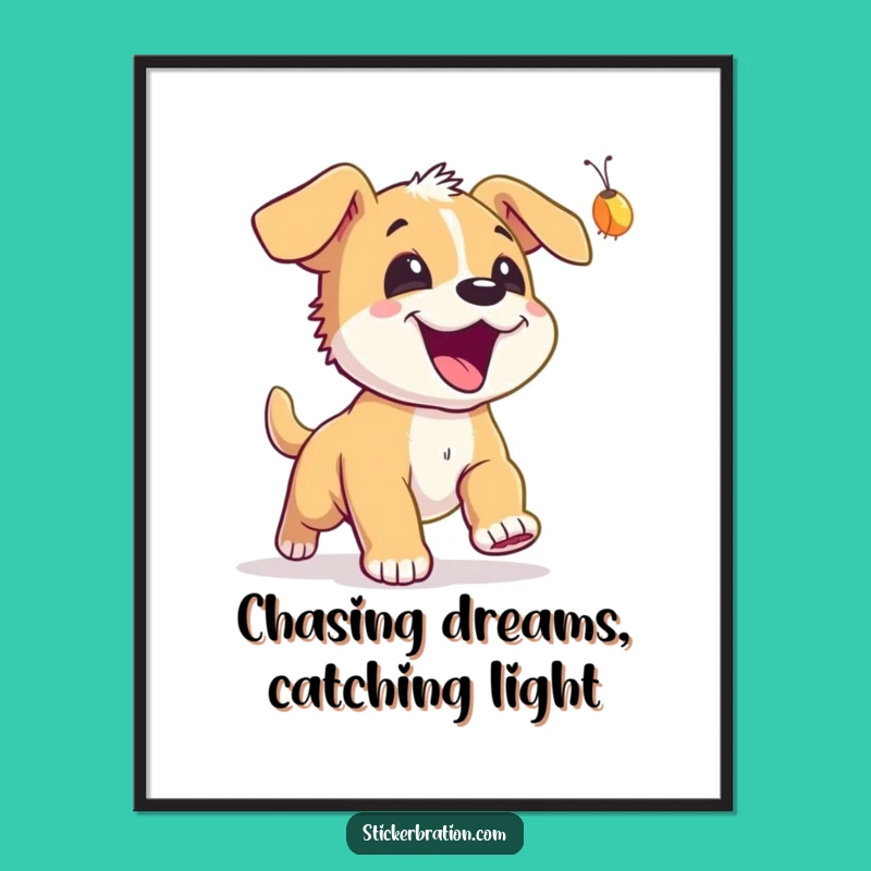 Funny Free Printable Wall Art: Puppy's Joyful Firefly Chase, Downloadable