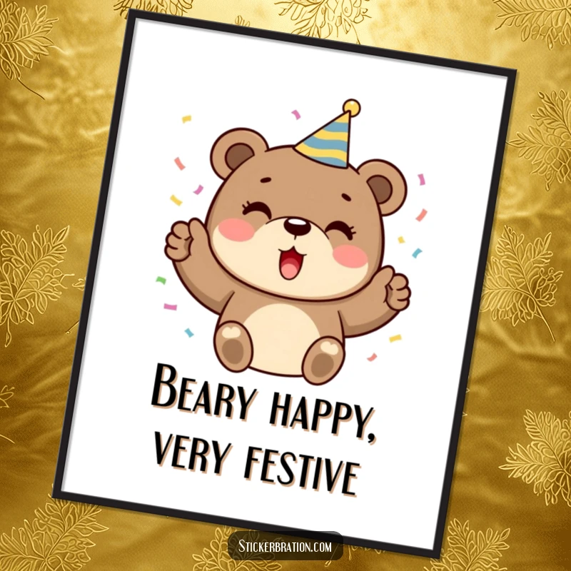 Funny Free Printable Wall Art: A cute bear in a party hat, holding confetti and cheering, bringing festive energy to any room.