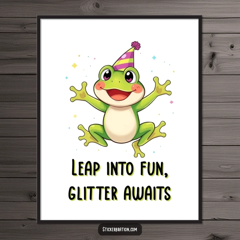 Funny Free Printable Wall Art: A smiling frog in a party hat leaps amidst a spectacular cascade of shimmering glitter.