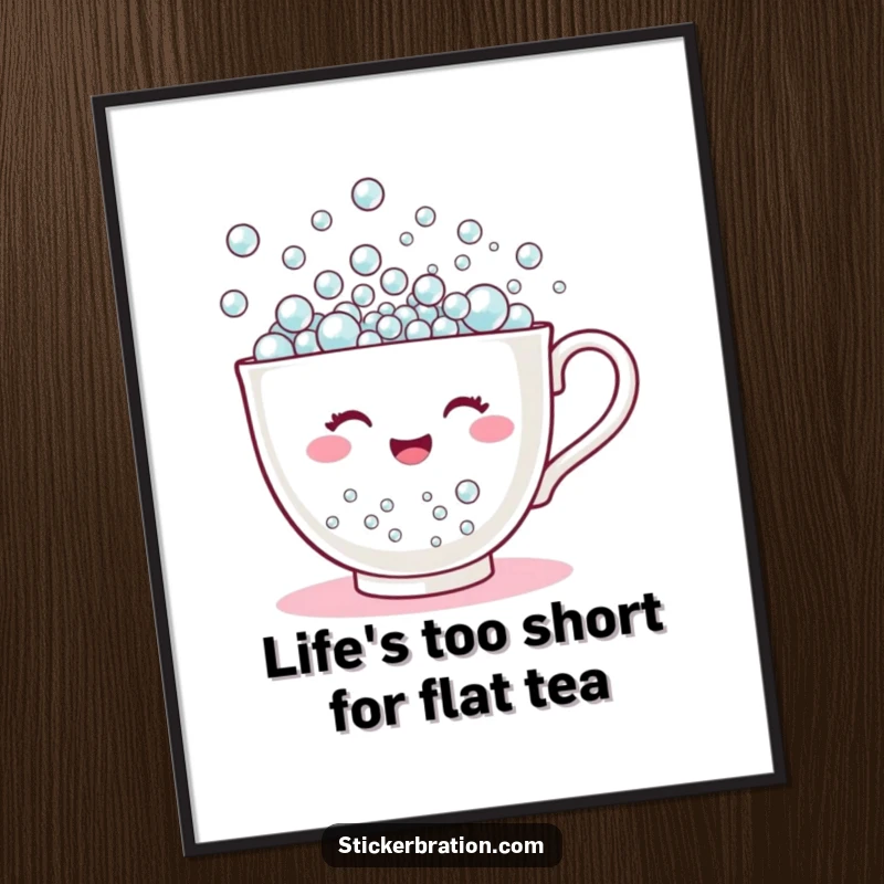 Funny Free Printable Wall Art: A happy teacup character overflows with countless tiny bubbles, creating a whimsical and bubbly scene.