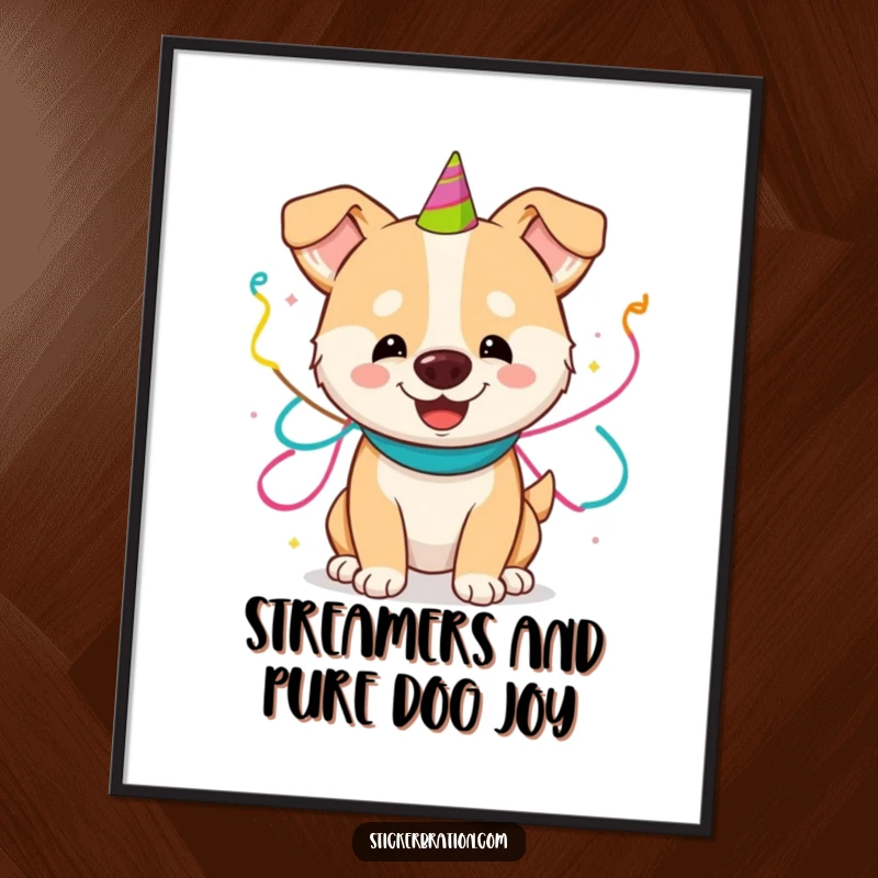 Funny Free Printable Wall Art: A happy dog festively wrapped in colorful party streamers, bringing a playful and celebratory vibe.