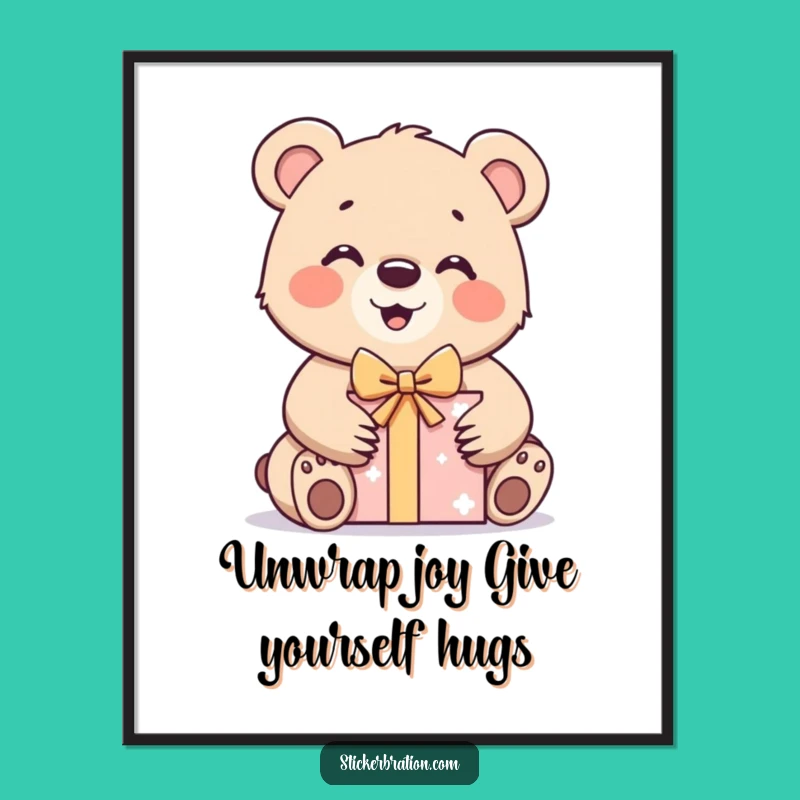 Free Printable Wall Art: Bear Cub's Gift Excitement, Funny Downloadable Decor, DIY Cute Art