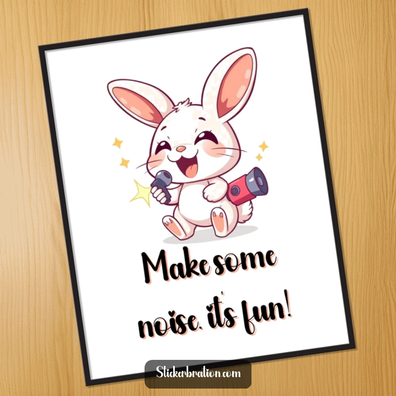 Funny Free Printable Wall Art: An excited bunny character with exaggeratedly large ears holds a dazzling, sparkling noisemaker.