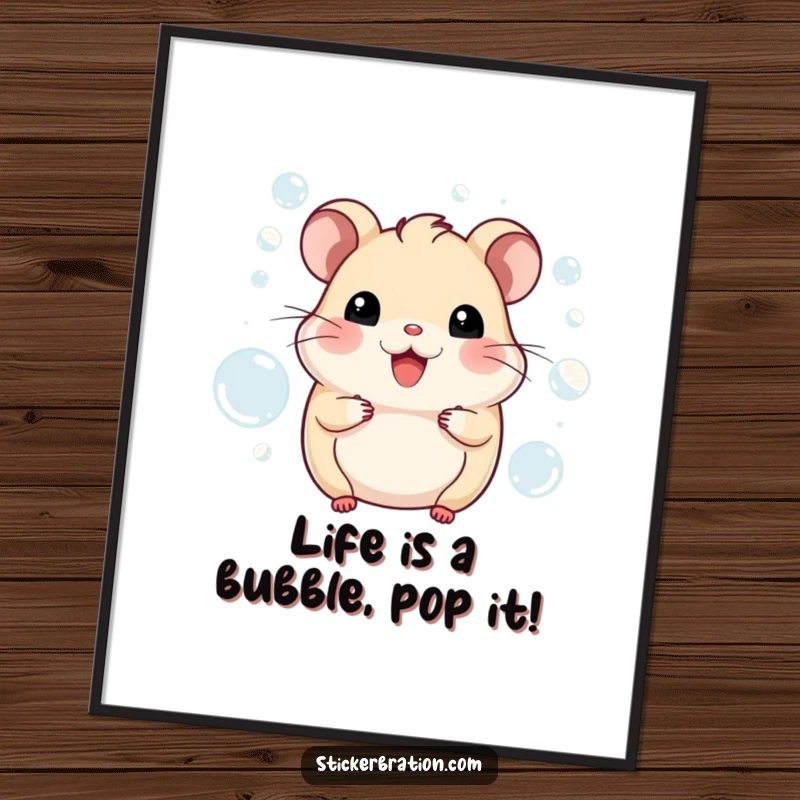 Funny Free Printable Wall Art: A smiling hamster character appears to be joyfully swimming amongst a whimsical cloud of iridescent bubbles.