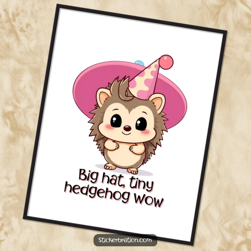 Funny Free Printable Wall Art: A shy hedgehog peeking from behind an oversized party hat, perfect downloadable decor.