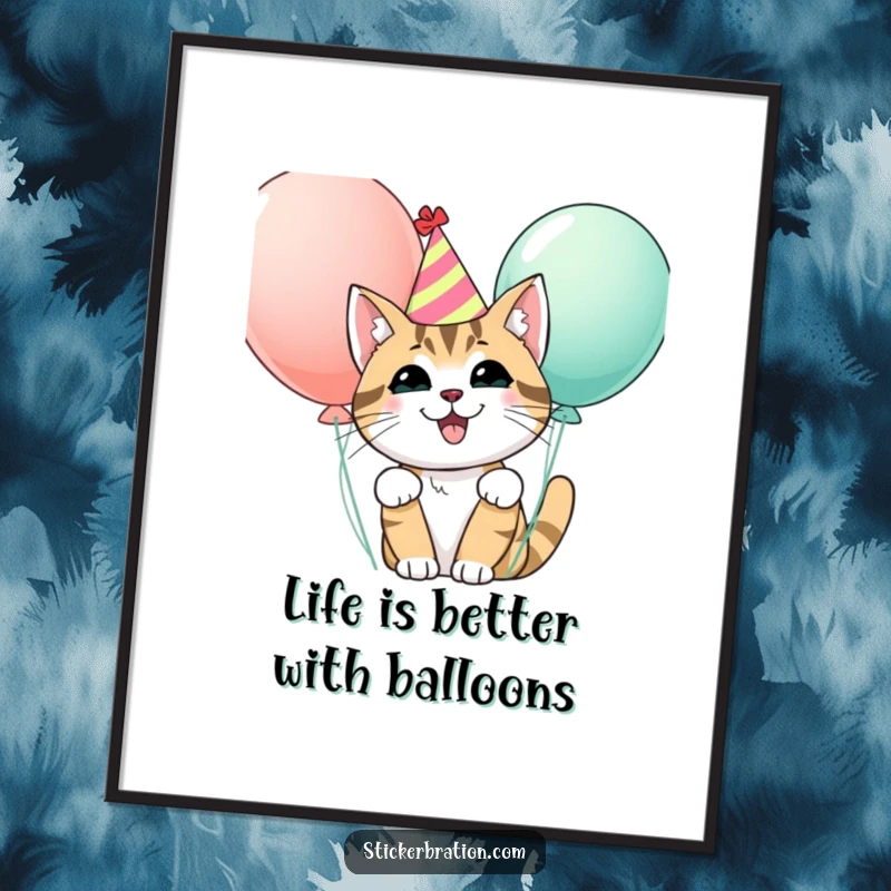 Funny Free Printable Wall Art: A happy cat adorned in a party hat, playfully peeking from behind a buoyant bunch of colorful balloons.