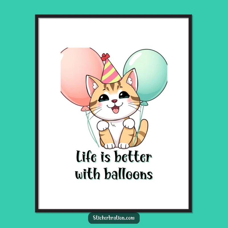 Free Printable Wall Art: Party Cat Balloons Fun Downloadable Art
