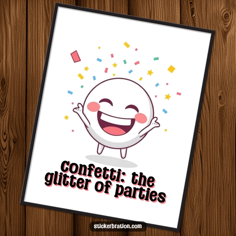 Funny Free Printable Round Sticker Character Throwing Confetti - Joyful sticker character celebrating with glee.