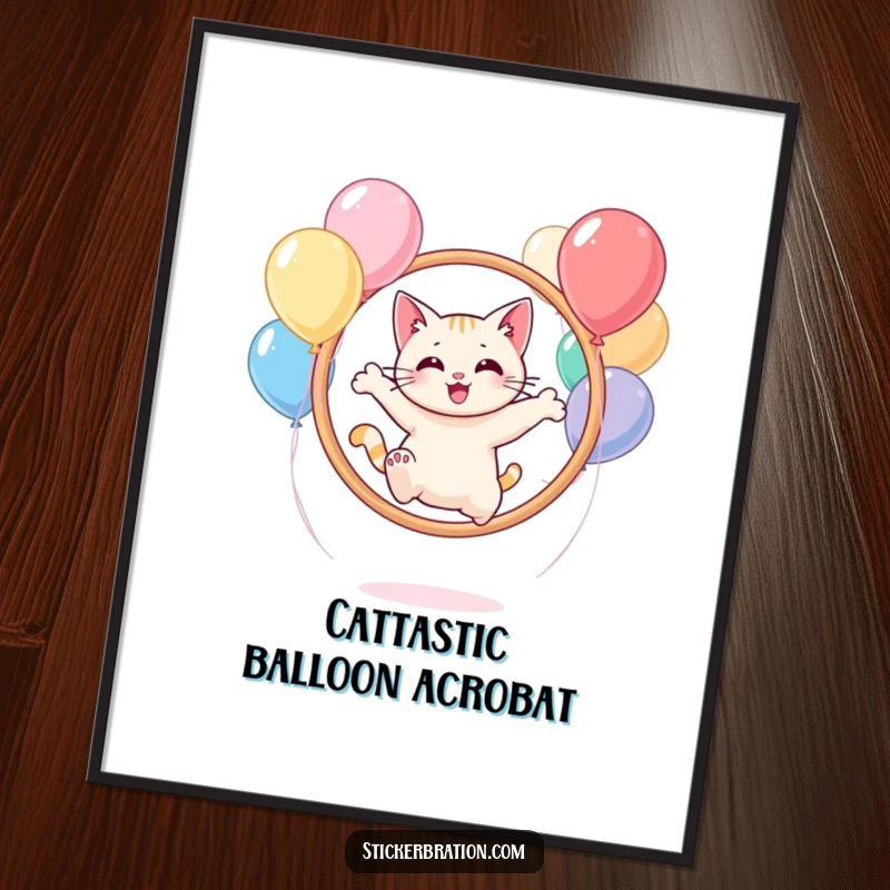Funny Free Printable wall art depicting a delighted cat performing an impressive leap through a circular hoop constructed from brightly colored balloons.