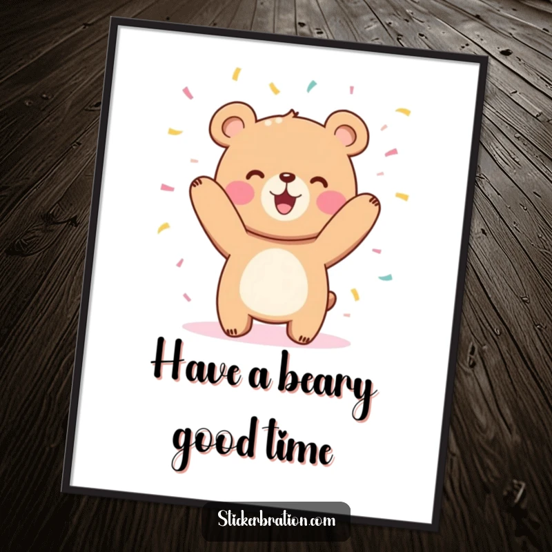 Funny free printable wall art: a cute bear character joyfully tossing a vibrant shower of confetti in the air.