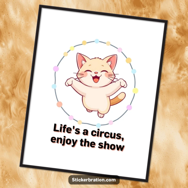 Funny Free Printable Wall Art: Energetic cat smiling while leaping through a dazzling hoop of colorful lights, playful decor.