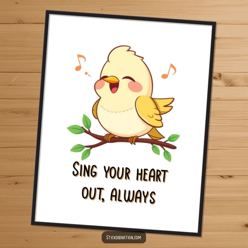 Funny Free Printable Wall Art: A small, vibrant bird perched on a branch, singing its heart out, downloadable decor.
