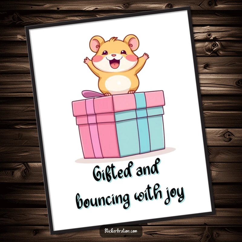 Funny free printable wall art: An energetic hamster gleefully bouncing high on top of a giant, festive present box.