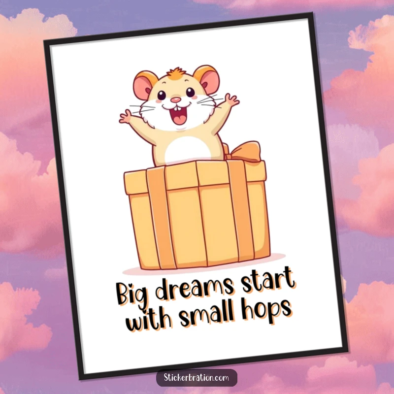 Funny Free Printable Wall Art: Excited hamster energetically bouncing on a large, festive present box, vibrant and fun.